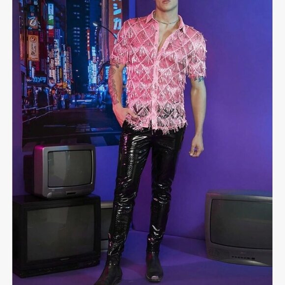 Pink Sequined Fringe Sheer Short Sleeve Party Festival Unisex Snap Shirt Size XL - Picture 8 of 11